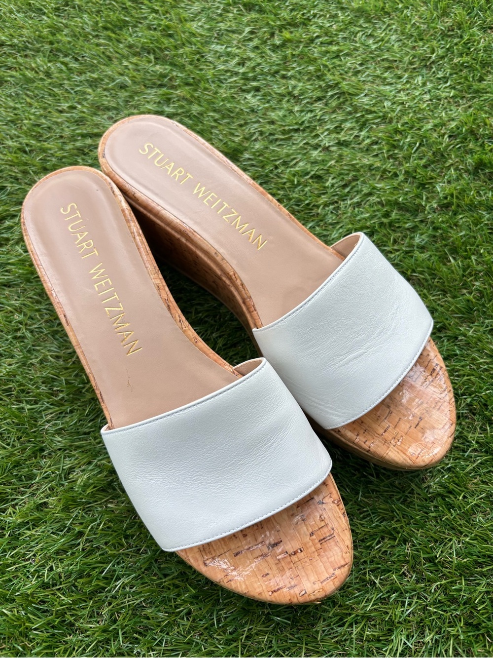 Stuart Weitzman White Leather Cork Wedge Slide Sandals Size 9.5